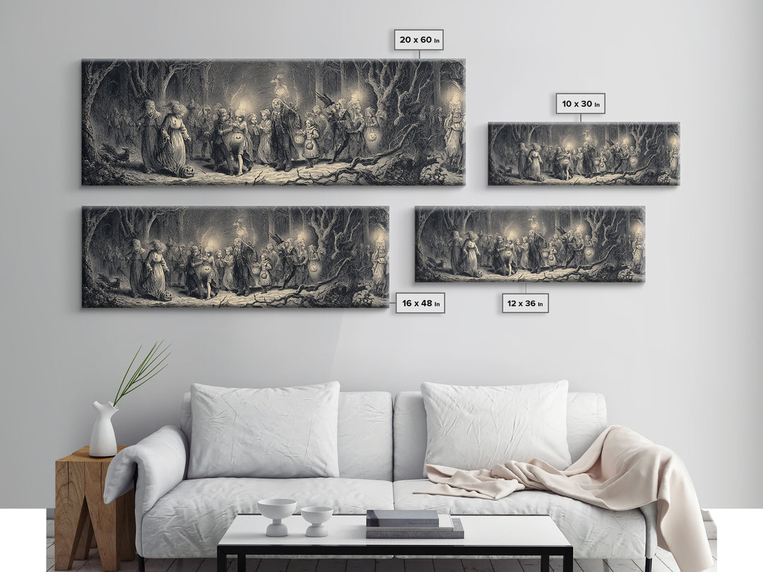 The Trick-Or-Treat Procession, Gothic Engraving Art, Extra Wide Wall Art, Dark Fantasy Wall Art, Framed Canvas Print, Spooky Wall Decor