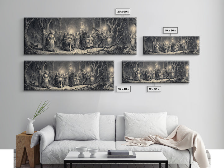 The Trick-Or-Treat Procession, Gothic Engraving Art, Extra Wide Wall Art, Dark Fantasy Wall Art, Framed Canvas Print, Spooky Wall Decor