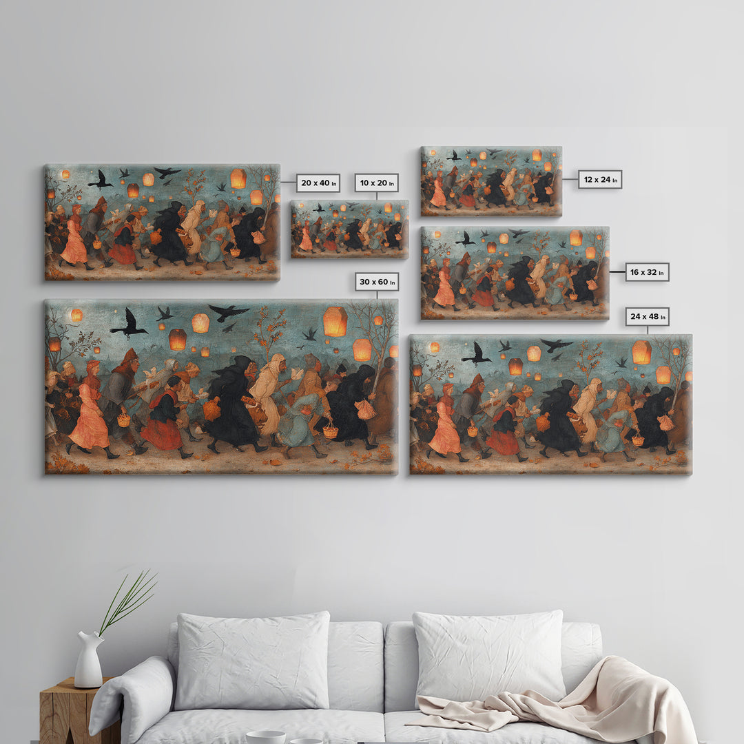 The Trick-Or-Treat Procession, Northern Renaissance Horror, Wide Panoramic Art, Dark Fantasy Wall Art, Canvas Print