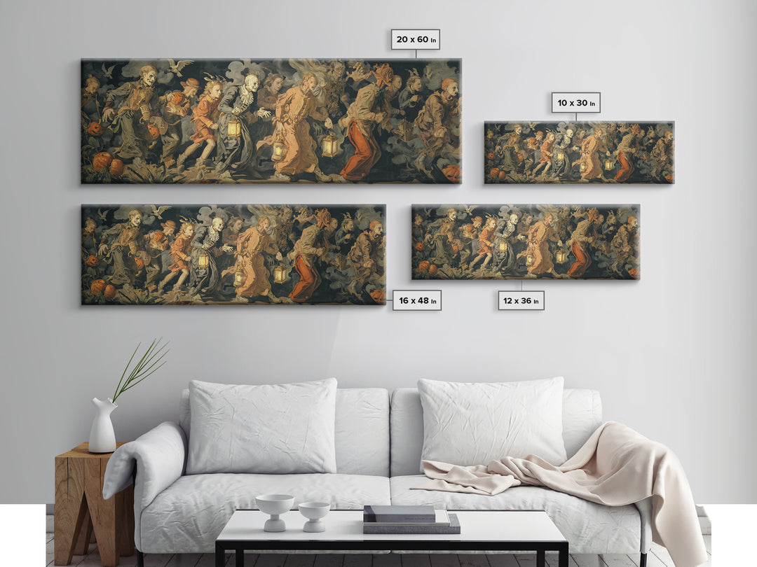 The Trick-Or-Treat Procession, Dark Renaissance Art, Extra Wide Wall Art, Dark Halloween Decor, Framed Canvas Print