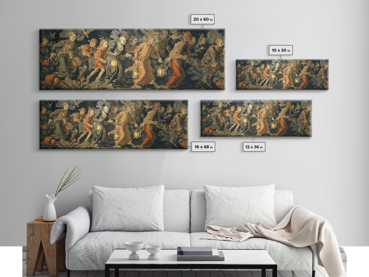 The Trick-Or-Treat Procession, Dark Renaissance Art, Extra Wide Wall Art, Dark Halloween Decor, Framed Canvas Print