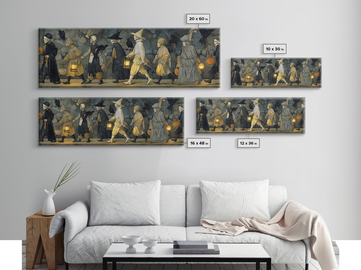 The Trick-Or-Treat Procession, Danse Macabre Art, Extra Wide Wall Art, Dark Halloween Decor, Canvas Print