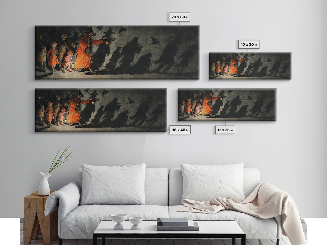 The Trick-Or-Treat Procession, Dark Romantic Horror Art, Extra Wide Wall Art, Gothic Horror Wall Art, Framed Canvas Print
