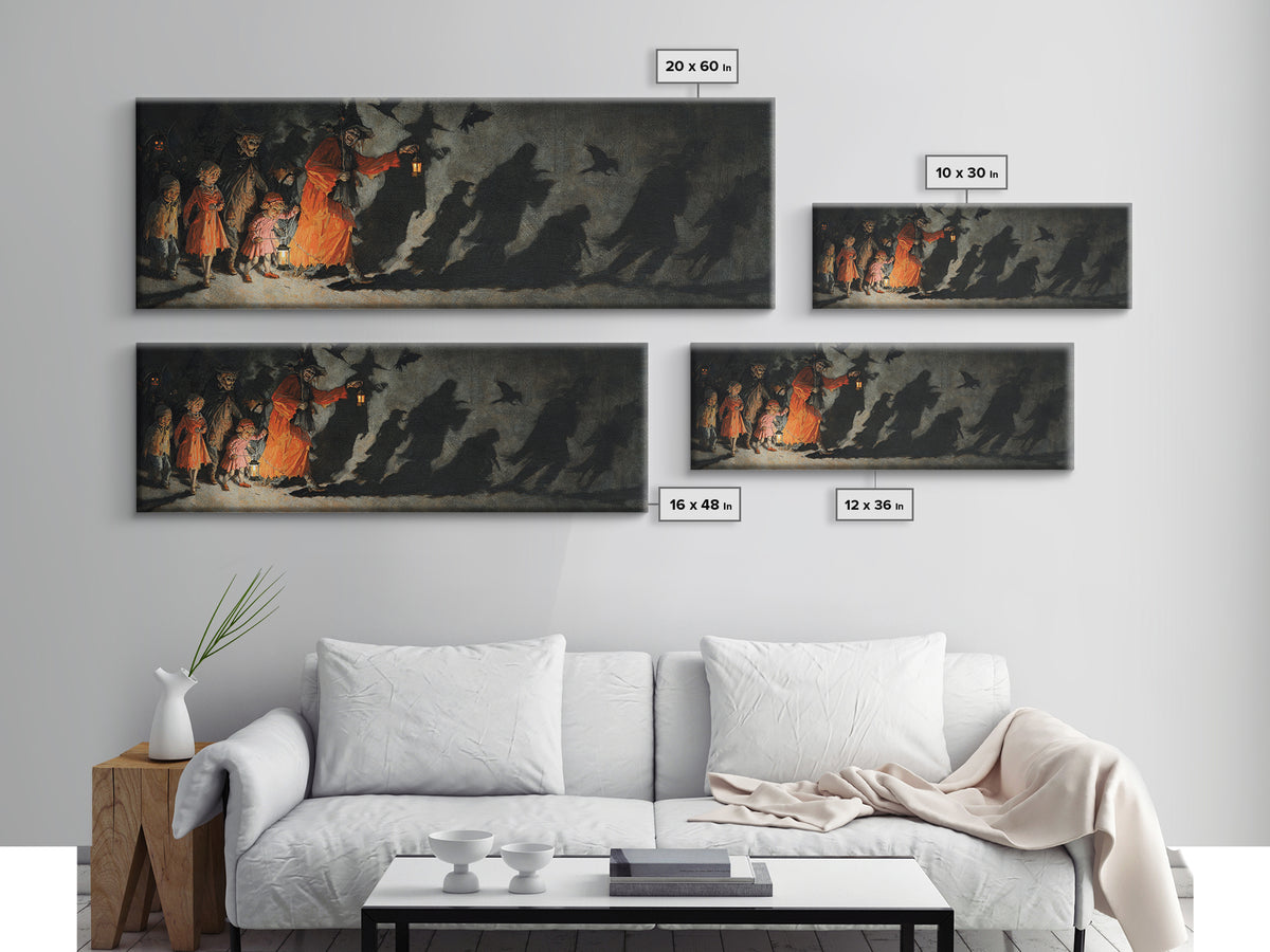 The Trick-Or-Treat Procession, Dark Romantic Horror Art, Extra Wide Wall Art, Gothic Horror Wall Art, Framed Canvas Print