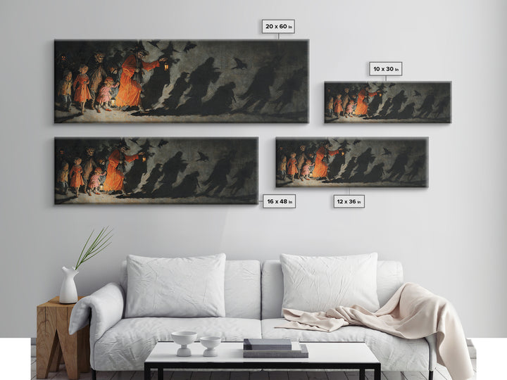 The Trick-Or-Treat Procession, Dark Romantic Horror Art, Extra Wide Wall Art, Gothic Horror Wall Art, Framed Canvas Print
