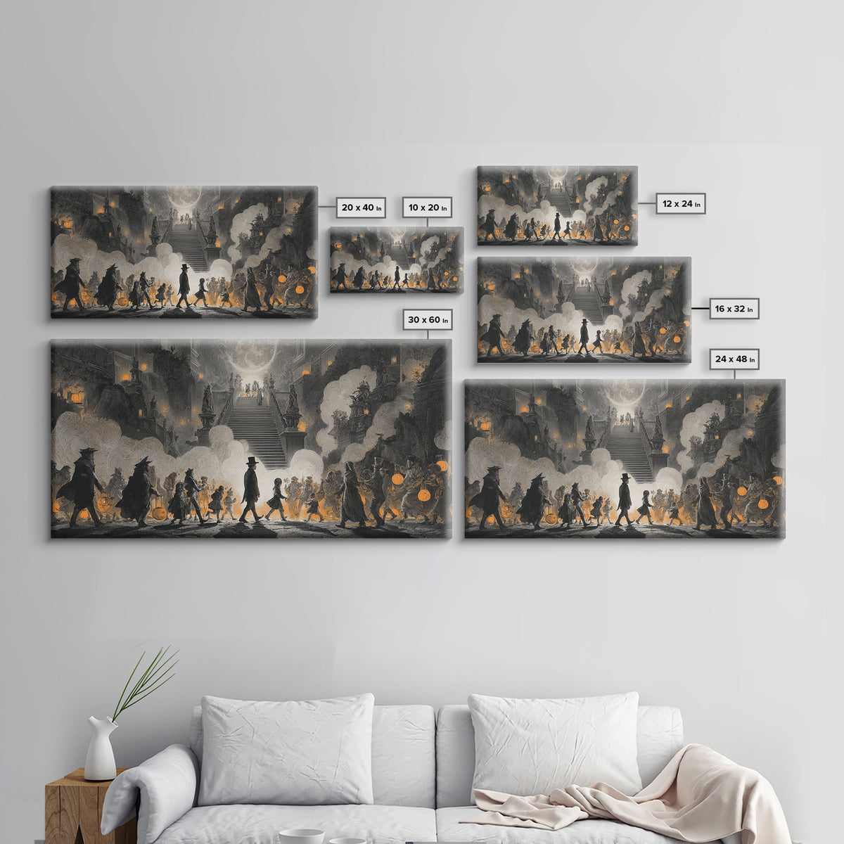 The Trick-Or-Treat Procession, Architectural Etching Art, Wide Panoramic Art, Macabre Wall Art, Framed Canvas Print