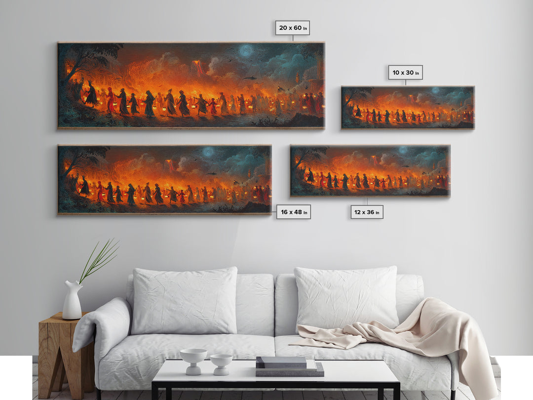 The Trick-Or-Treat Procession, Apocalyptic Romantic Art, Extra Wide Wall Art, Dark Halloween Decor, Framed Canvas Print, Halloween Wall Art