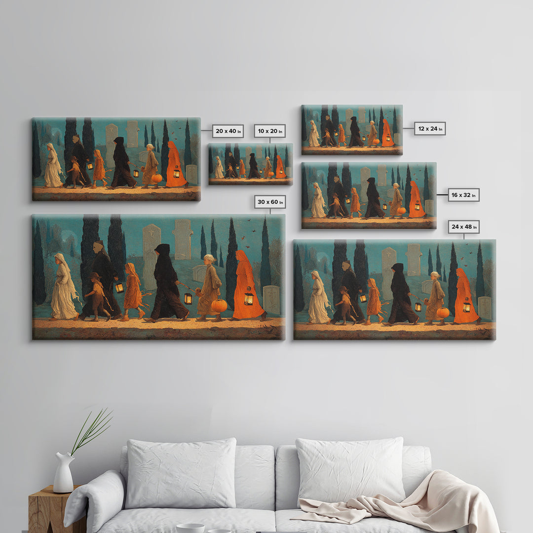 The Trick-Or-Treat Procession, Symbolist Gothic Landscape, Wide Panoramic Art, Gothic Horror Wall Art, Framed Canvas Print