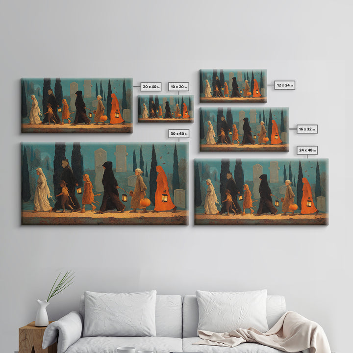 The Trick-Or-Treat Procession, Symbolist Gothic Landscape, Wide Panoramic Art, Gothic Horror Wall Art, Framed Canvas Print