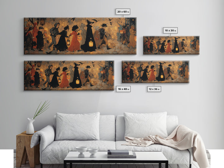 The Trick-Or-Treat Procession, Ornate Symbolist Art, Extra Wide Wall Art, Dark Halloween Decor, Canvas Print, Halloween Wall Art