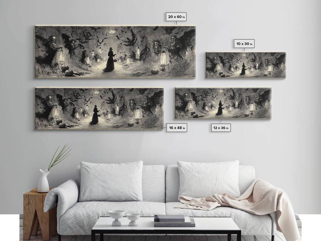 The Trick-Or-Treat Procession, Decadent Gothic Art, Extra Wide Wall Art, Macabre Wall Art, Framed Canvas Print, Halloween Wall Art