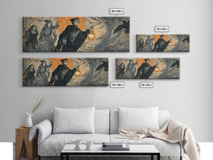 The Trick-Or-Treat Procession, Symbolist Etching Art, Extra Wide Wall Art, Gothic Horror Wall Art, Canvas Print, Halloween Wall Art