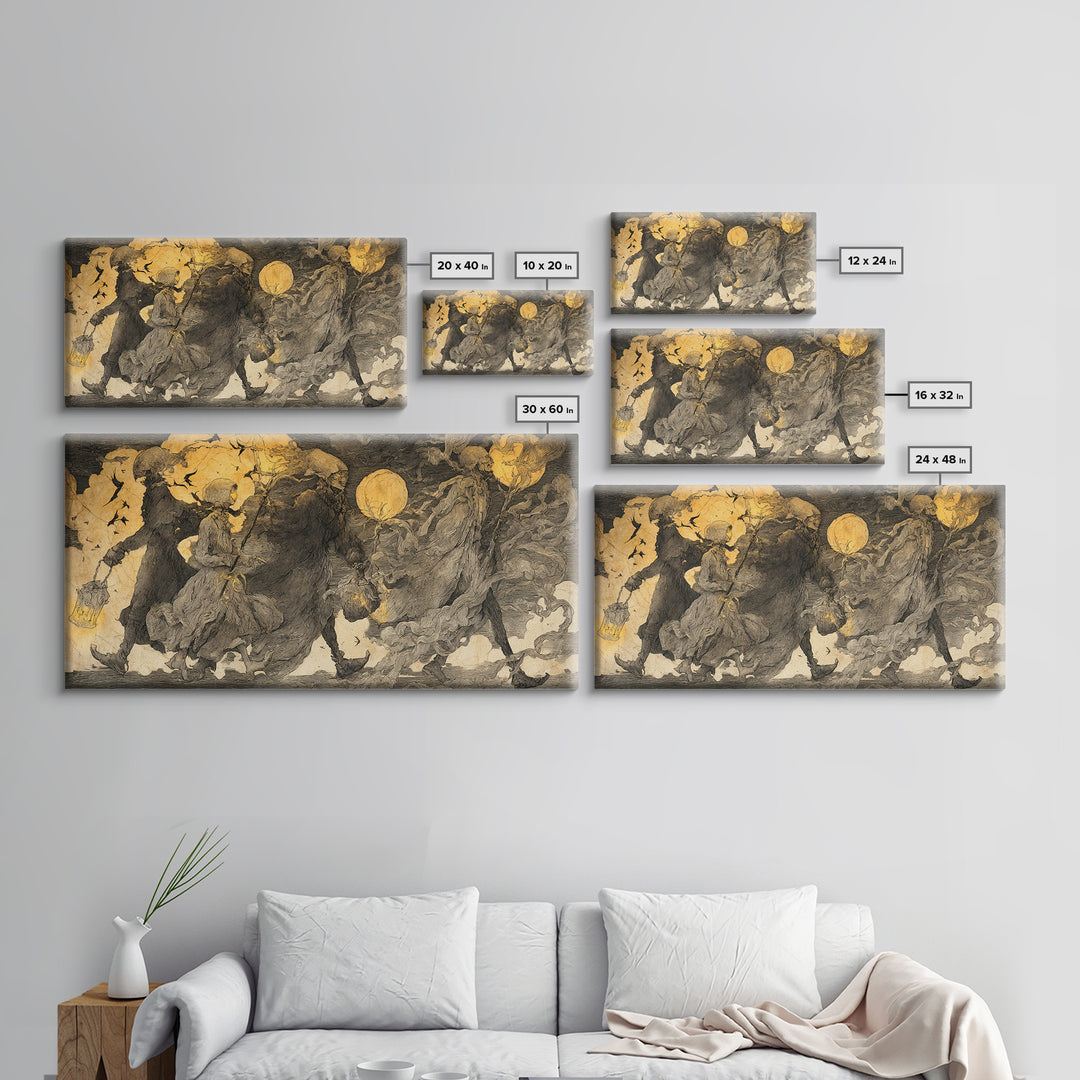 The Trick-Or-Treat Procession, Expressionist Nightmare Art, Wide Panoramic Art, Dark Fantasy Wall Art, Canvas Print, Halloween Wall Art