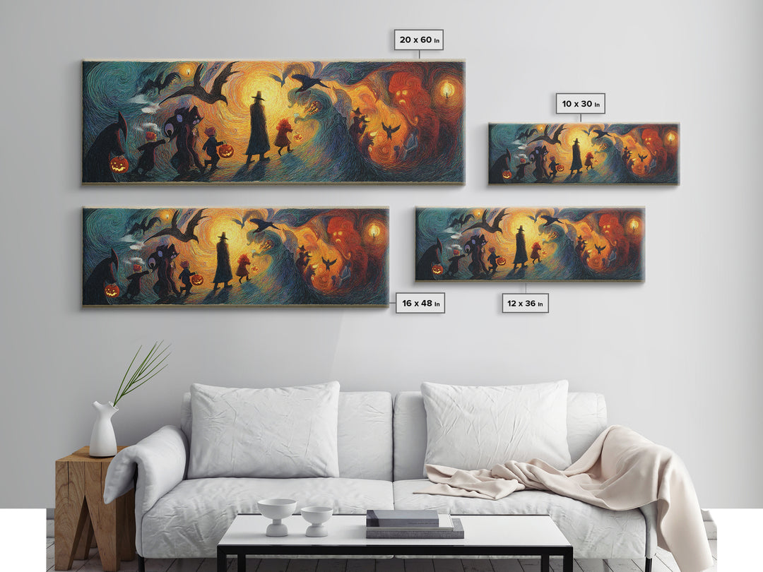 The Trick-Or-Treat Procession, Expressionist Gothic Art, Extra Wide Wall Art, Macabre Wall Art, Framed Canvas Print, Halloween Wall Art