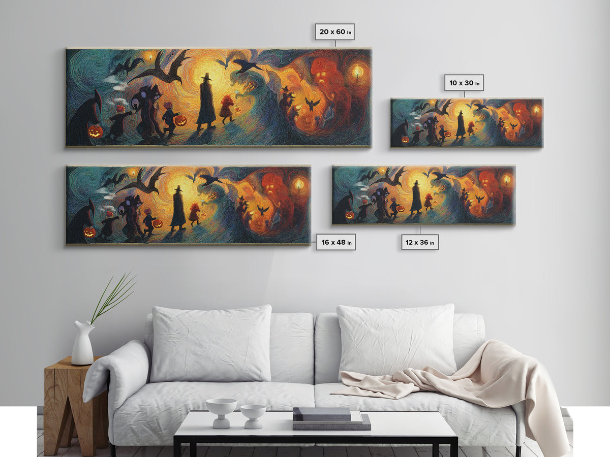 The Trick-Or-Treat Procession, Expressionist Gothic Art, Extra Wide Wall Art, Macabre Wall Art, Framed Canvas Print, Halloween Wall Art