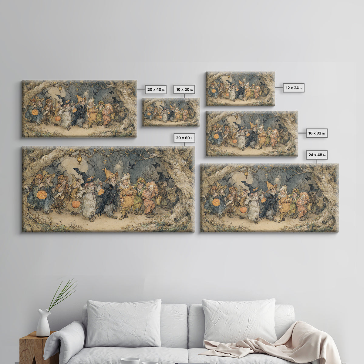 The Trick-Or-Treat Procession, Gothic Storybook Art, Wide Panoramic Art, Macabre Wall Art, Framed Canvas Print, Halloween Wall Art