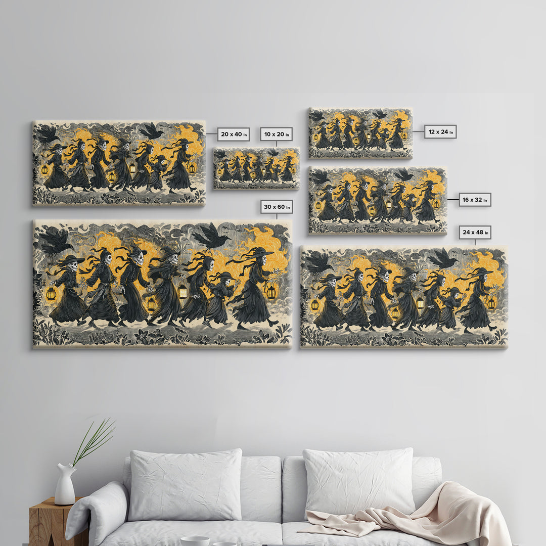 The Trick-Or-Treat Procession, Macabre Folk Print Art, Wide Panoramic Art, Dark Halloween Decor, Canvas Print