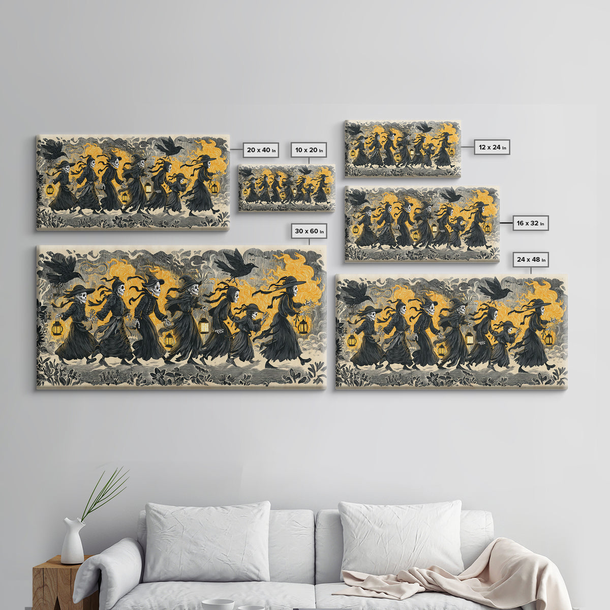 The Trick-Or-Treat Procession, Macabre Folk Print Art, Wide Panoramic Art, Dark Halloween Decor, Canvas Print