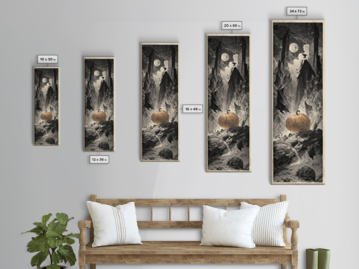 The Pumpkin-Carving Ritual, Gothic Engraving Art, Tall Narrow Wall Art, Gothic Horror Wall Art, Framed Canvas Print, Halloween Wall Art