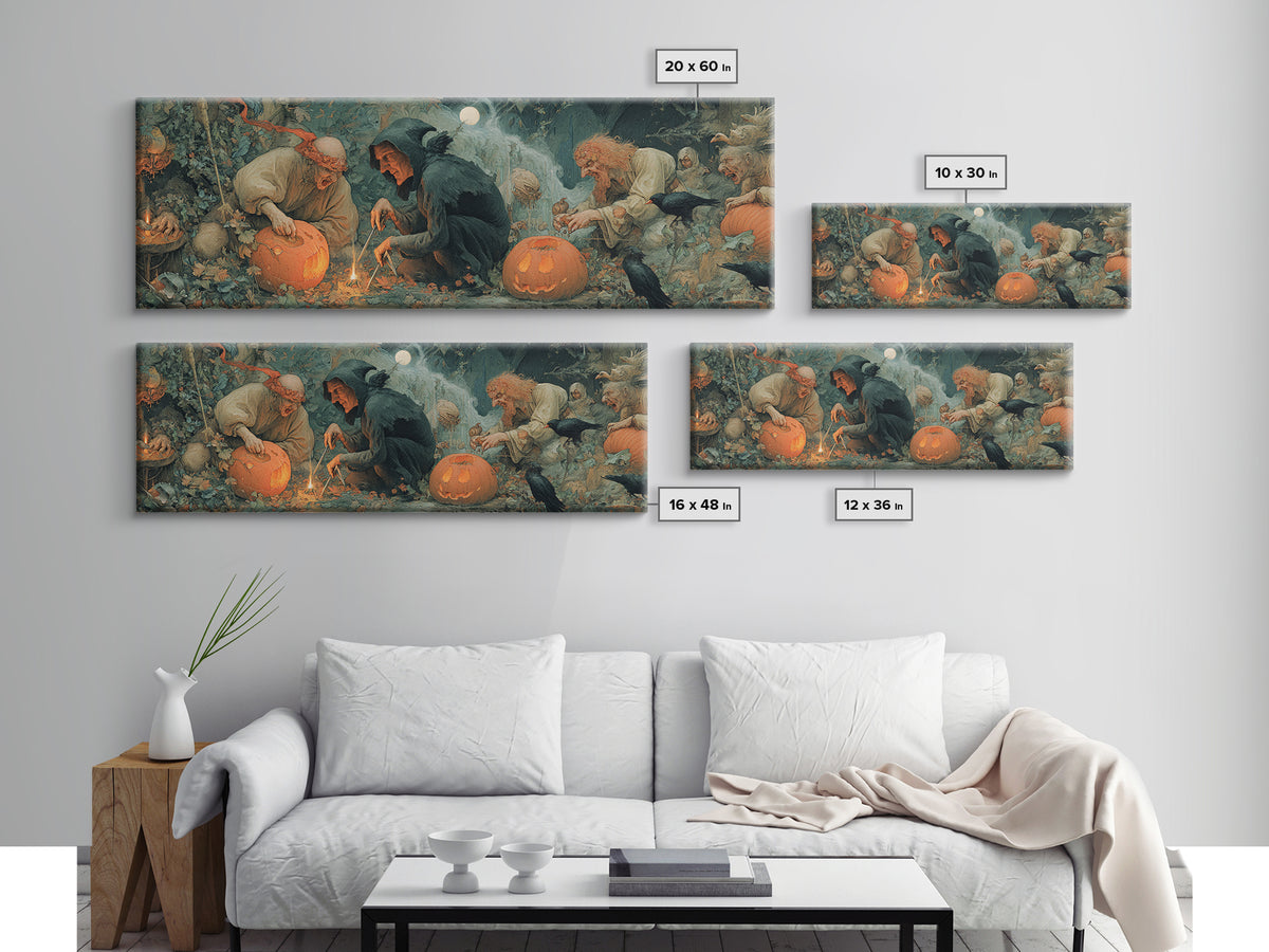 The Pumpkin-Carving Ritual, Medieval Grotesque Art, Extra Wide Wall Art, Gothic Horror Wall Art, Framed Canvas Print