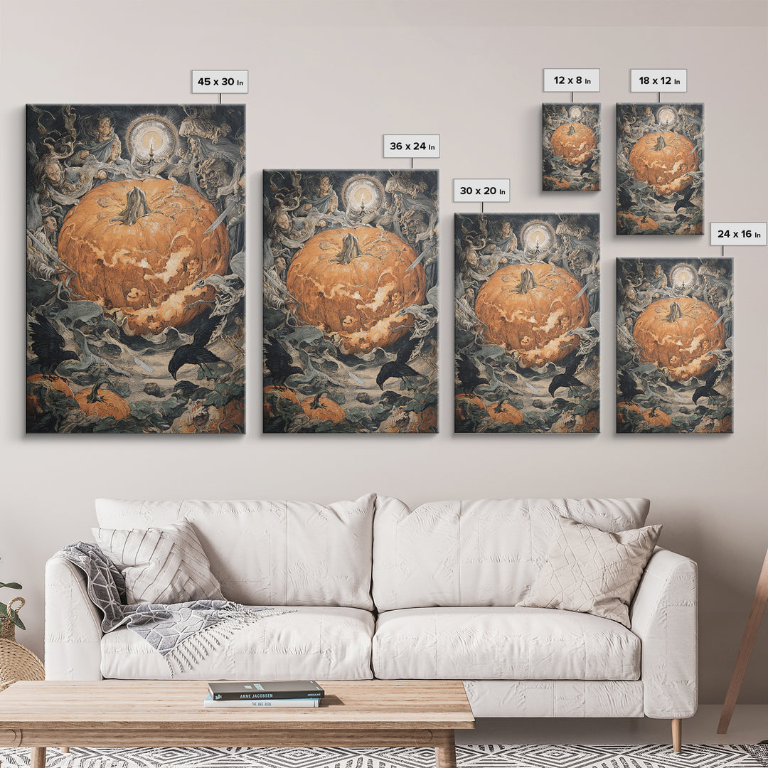 The Pumpkin-Carving Ritual, Dark Renaissance Art, Vertical Wall Art, Macabre Wall Art, Framed Canvas Print, Halloween Wall Art