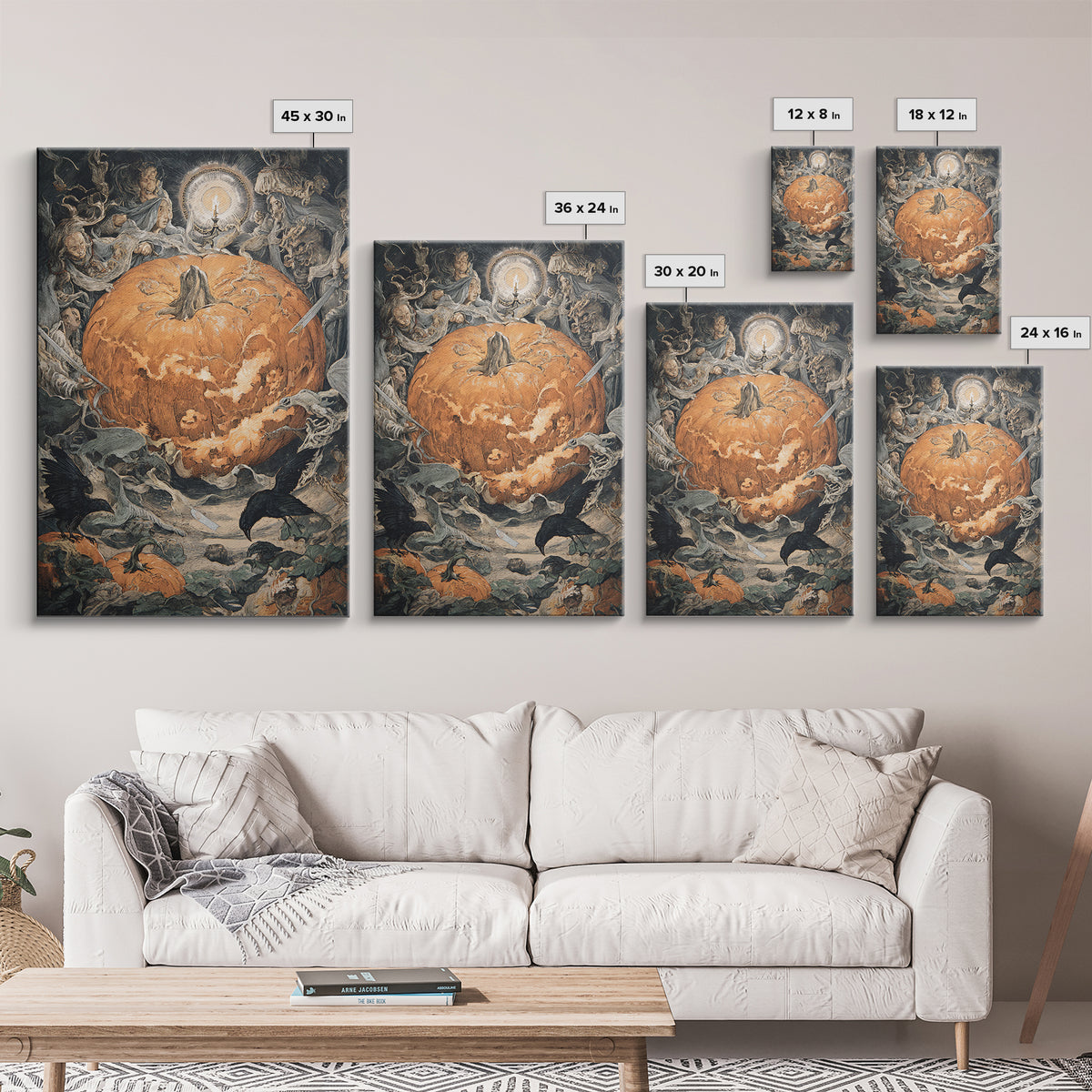 The Pumpkin-Carving Ritual, Dark Renaissance Art, Vertical Wall Art, Macabre Wall Art, Framed Canvas Print, Halloween Wall Art