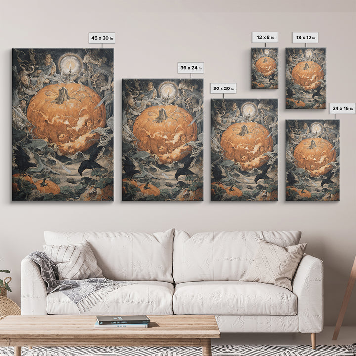 The Pumpkin-Carving Ritual, Dark Renaissance Art, Vertical Wall Art, Macabre Wall Art, Framed Canvas Print, Halloween Wall Art