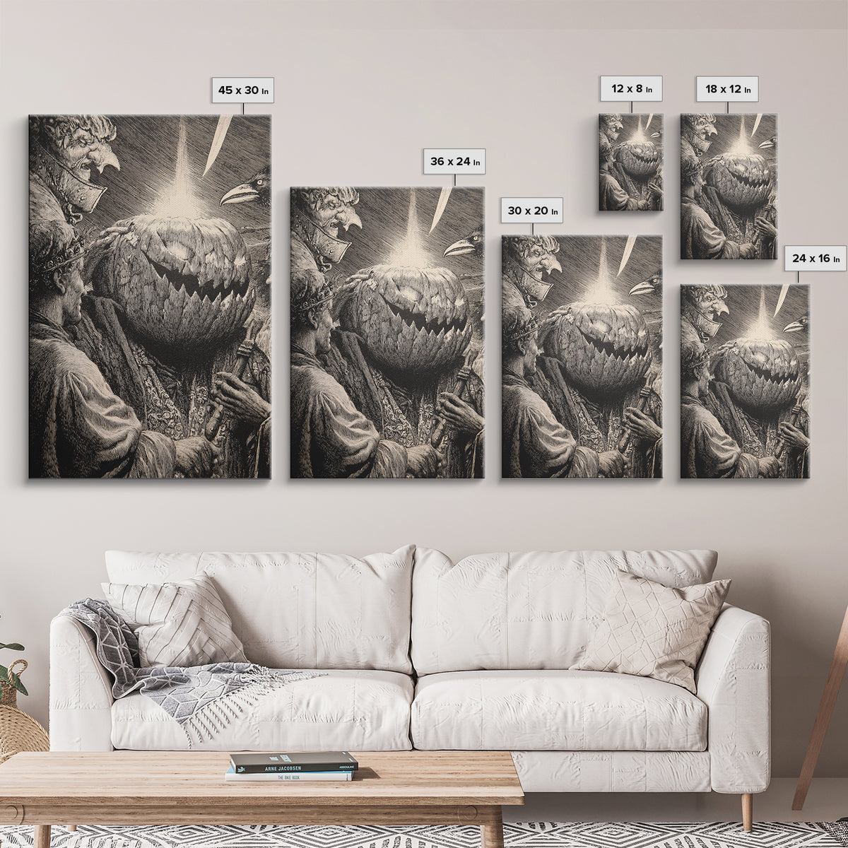 The Pumpkin-Carving Ritual, Renaissance Engraving Art, Vertical Wall Art, Dark Fantasy Wall Art, Framed Canvas Print, Halloween Wall Art