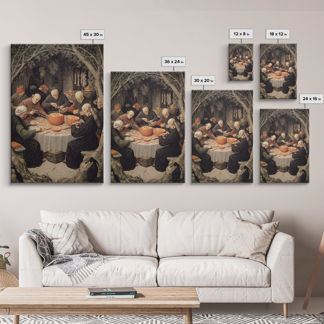 The Pumpkin-Carving Ritual, Danse Macabre Art, Vertical Wall Art, Dark Fantasy Wall Art, Canvas Print, Horror Wall Art