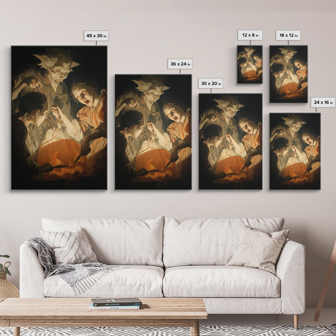 The Pumpkin-Carving Ritual, Gothic Nightmare Art, Vertical Wall Art, Macabre Wall Art, Canvas Print, Halloween Wall Art