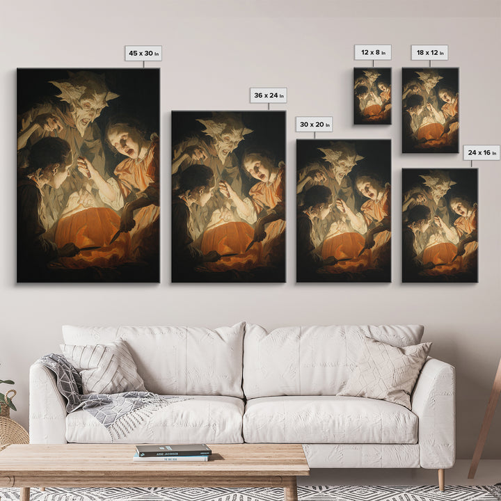 The Pumpkin-Carving Ritual, Gothic Nightmare Art, Vertical Wall Art, Macabre Wall Art, Canvas Print, Halloween Wall Art
