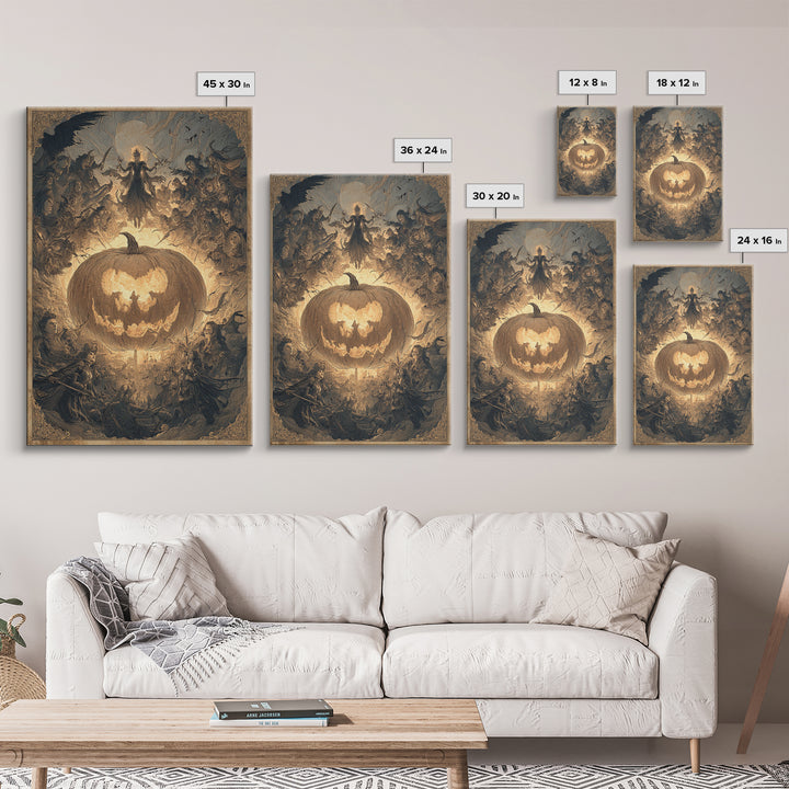The Pumpkin-Carving Ritual, Visionary Gothic Art, Vertical Wall Art, Macabre Wall Art, Framed Canvas Print, Halloween Wall Art