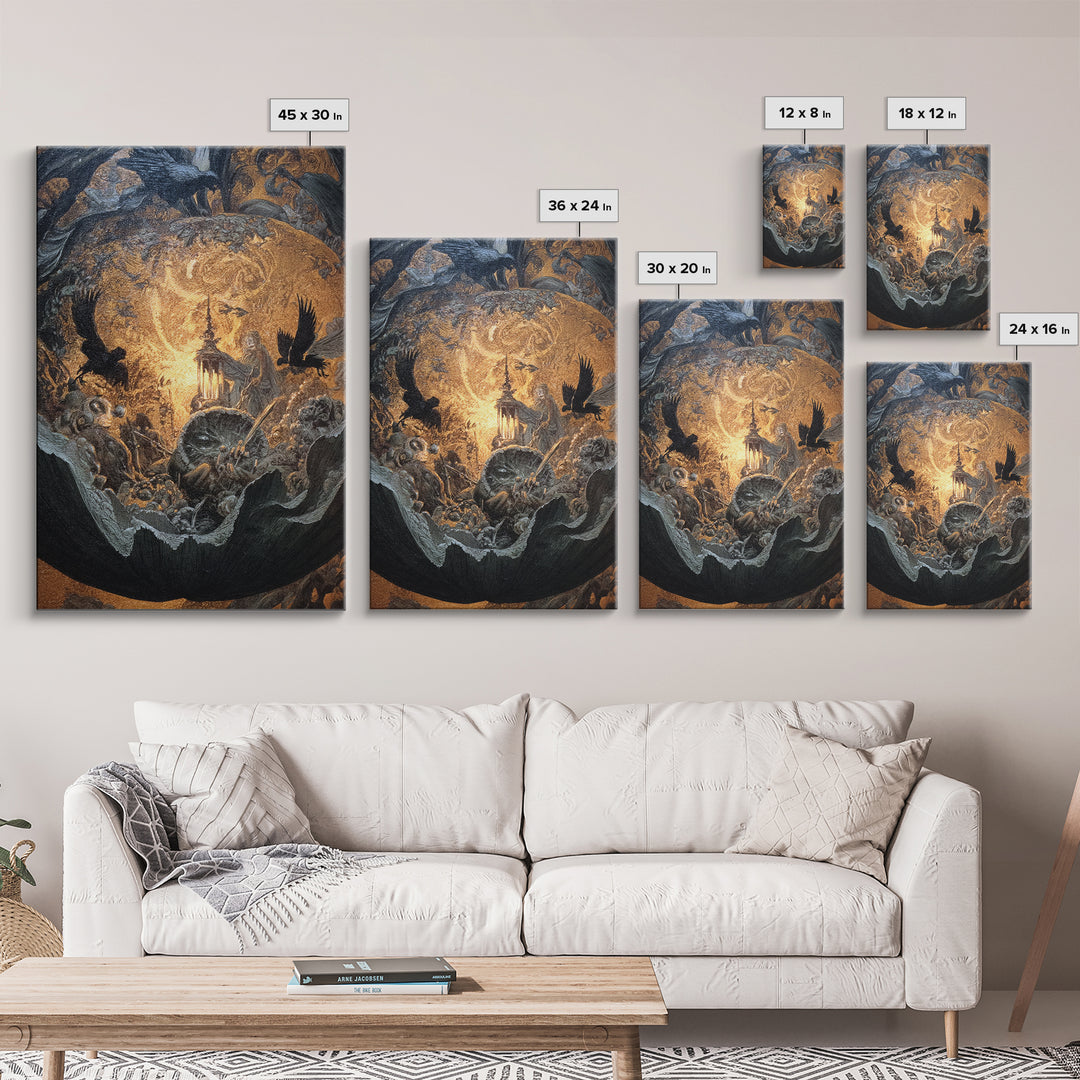 The Pumpkin-Carving Ritual, Ornate Symbolist Art, Vertical Wall Art, Dark Halloween Decor, Canvas Print, Halloween Wall Art