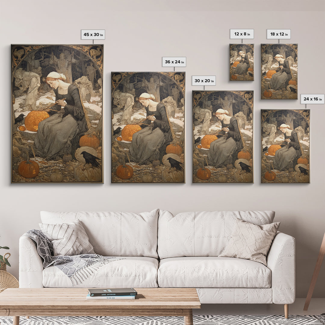 The Pumpkin-Carving Ritual, Symbolist Death Art, Vertical Wall Art, Gothic Horror Wall Art, Framed Canvas Print, Halloween Wall Art