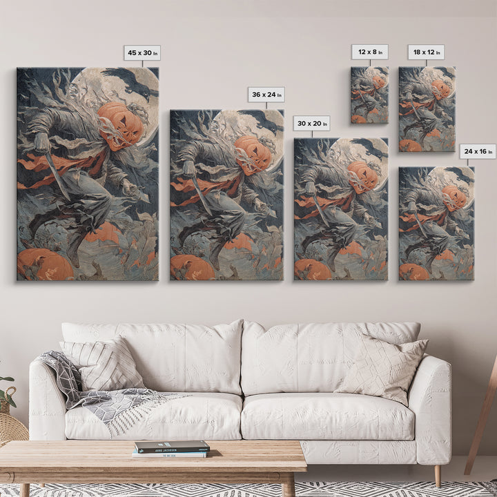 The Pumpkin-Carving Ritual, Symbolist Etching Art, Vertical Wall Art, Dark Halloween Decor, Framed Canvas Print, Halloween Wall Art