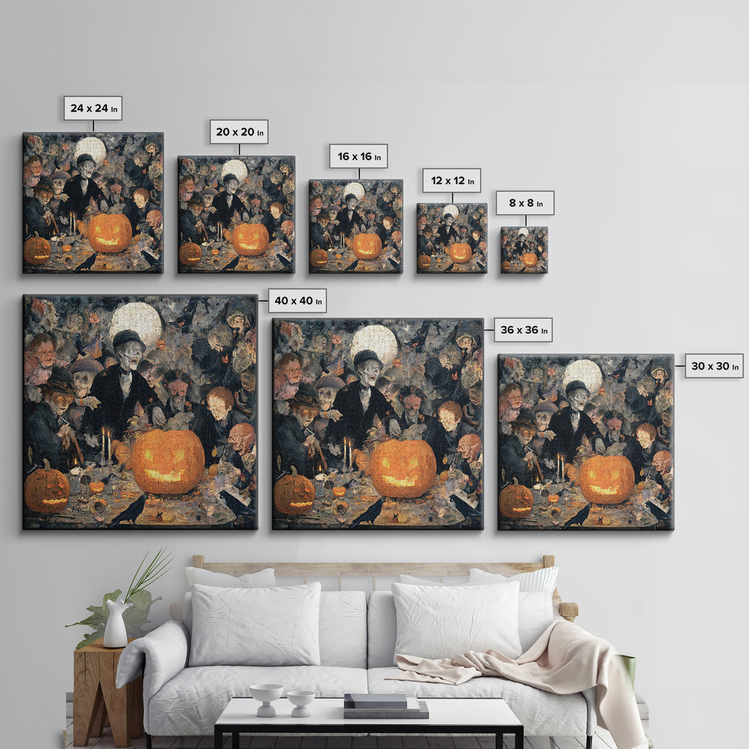 The Pumpkin-Carving Ritual, Grotesque Carnival Art, Square Wall Art, Dark Halloween Decor, Framed Canvas Print, Halloween Wall Art
