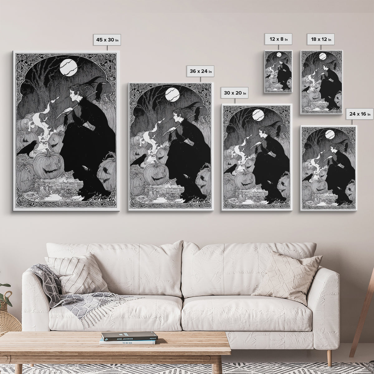The Pumpkin-Carving Ritual, Decadent Line Art, Vertical Wall Art, Gothic Horror Wall Art, Canvas Print, Halloween Wall Art