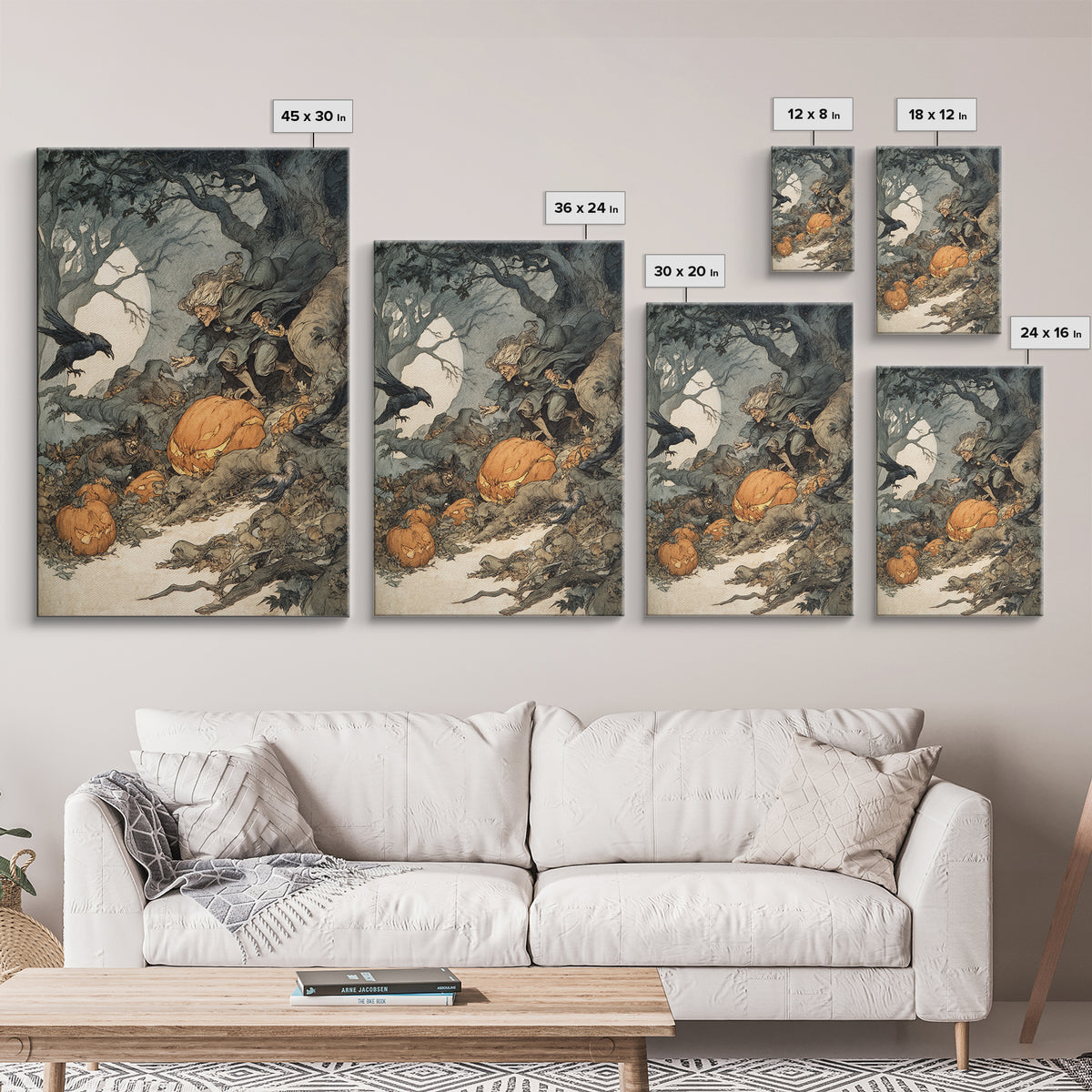 The Pumpkin-Carving Ritual, Gothic Storybook Art, Vertical Wall Art, Macabre Wall Art, Framed Canvas Print, Halloween Wall Art