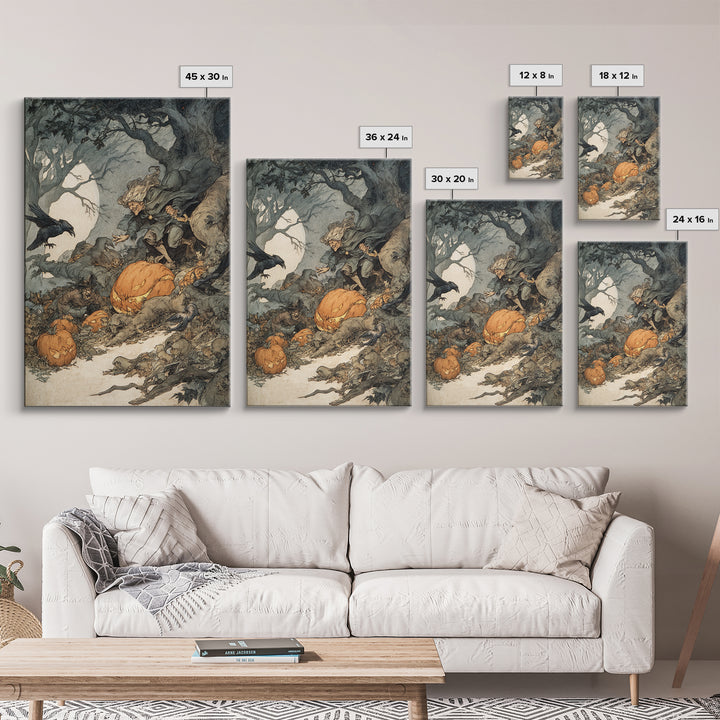 The Pumpkin-Carving Ritual, Gothic Storybook Art, Vertical Wall Art, Macabre Wall Art, Framed Canvas Print, Halloween Wall Art