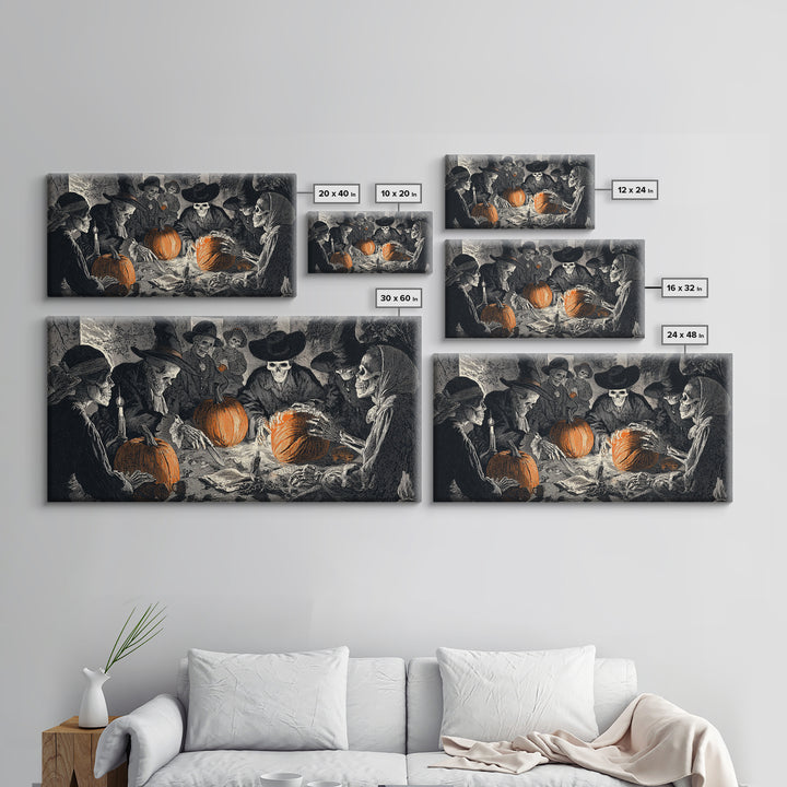 The Pumpkin-Carving Ritual, Macabre Folk Print Art, Wide Panoramic Art, Dark Halloween Decor, Canvas Print, Halloween Wall Art