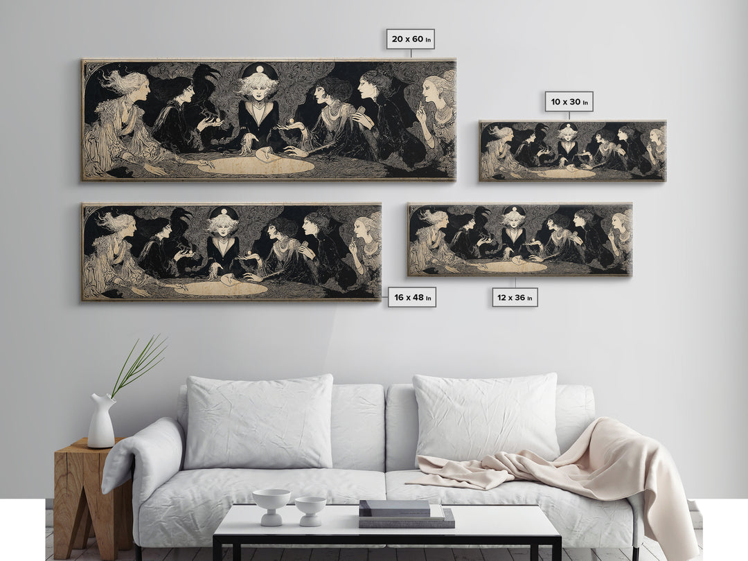 The Candlelit Seance, Decadent Line Art, Extra Wide Wall Art, Macabre Wall Art, Canvas Print, Halloween Wall Art