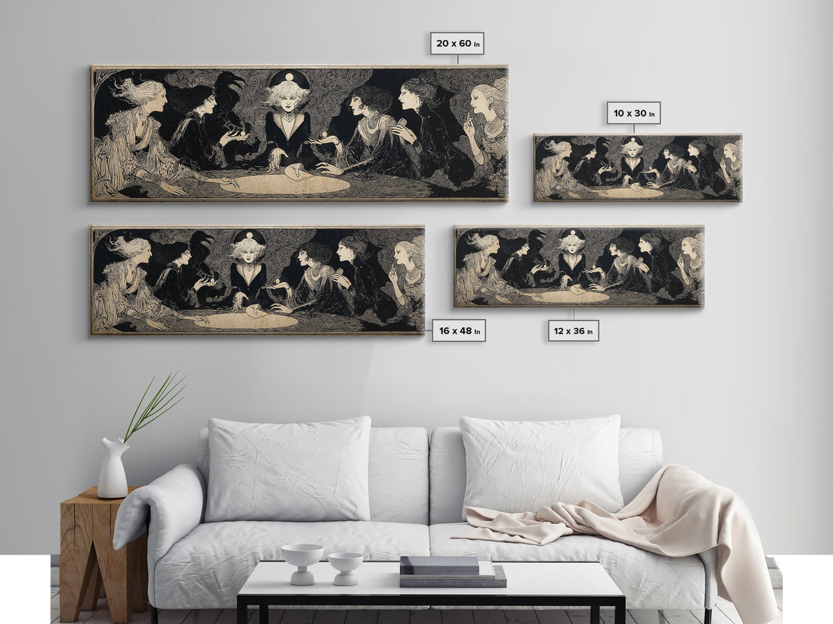 The Candlelit Seance, Decadent Line Art, Extra Wide Wall Art, Macabre Wall Art, Canvas Print, Halloween Wall Art