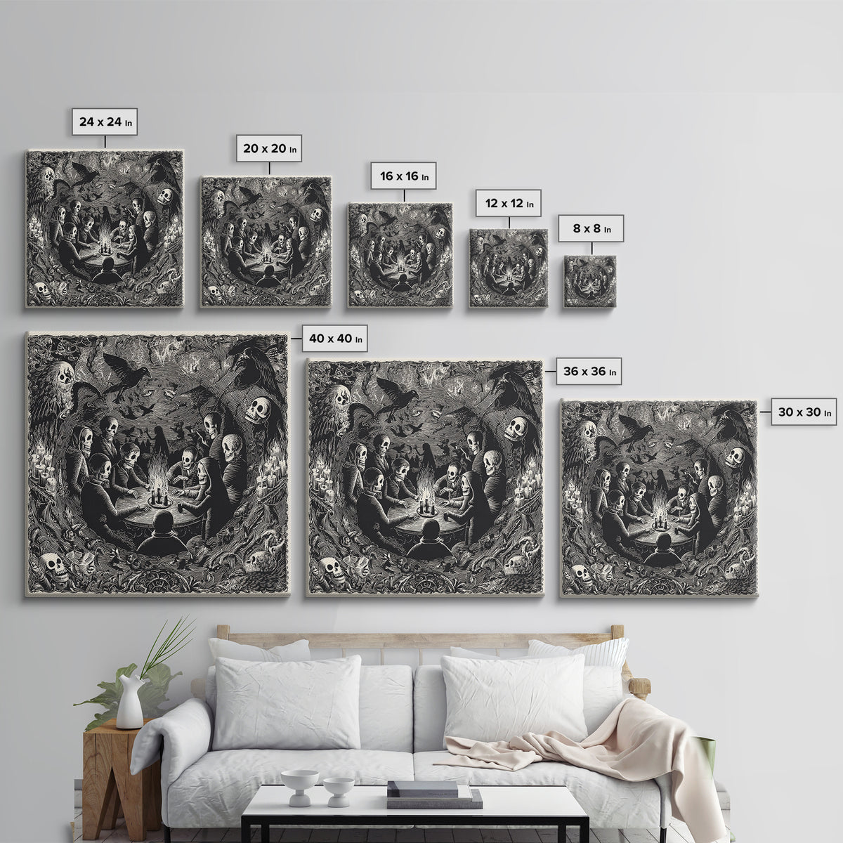 The Candlelit Seance, Macabre Folk Print Art, Square Wall Art, Dark Fantasy Wall Art, Framed Canvas Print, Halloween Wall Art