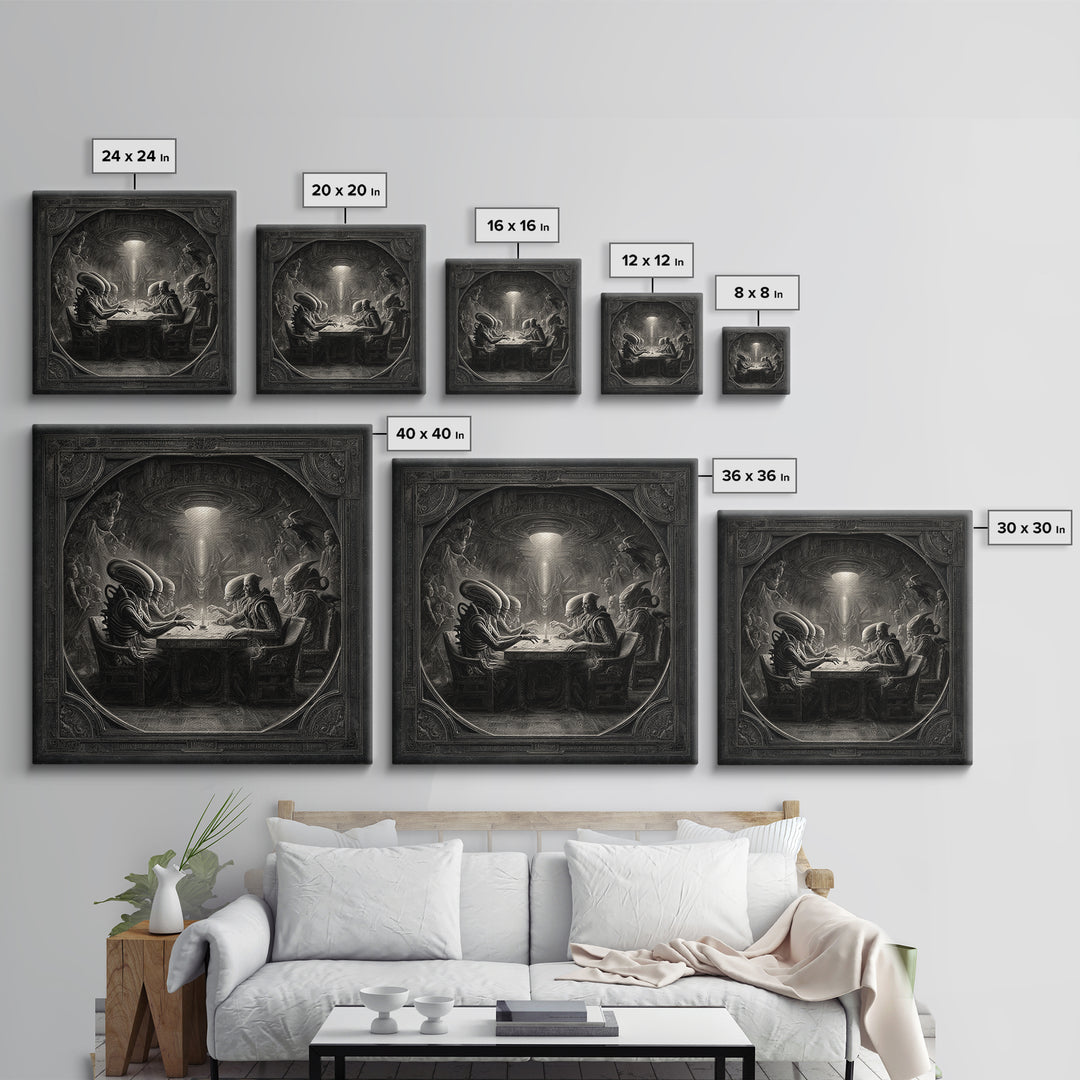The Candlelit Seance, Biomechanical Horror Art, Square Wall Art, Macabre Wall Art, Framed Canvas Print, Halloween Wall Art