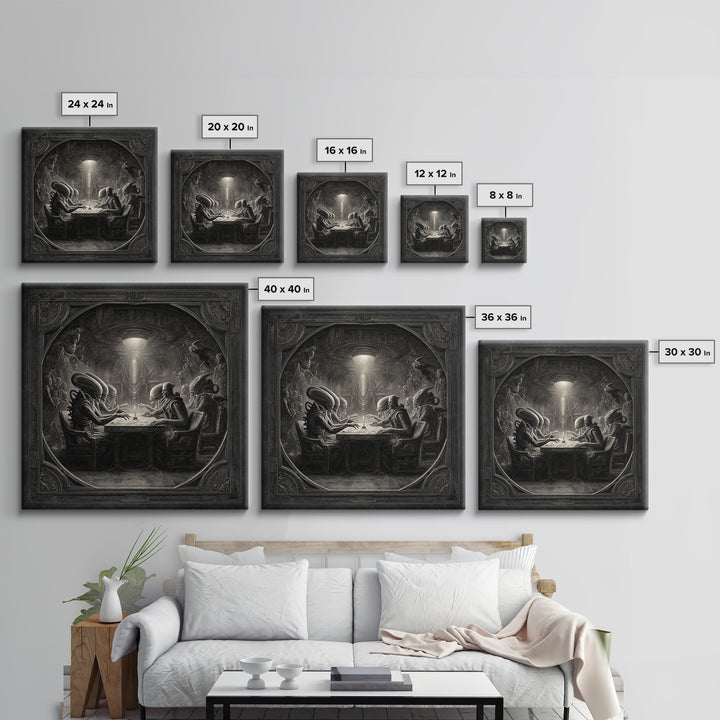 The Candlelit Seance, Biomechanical Horror Art, Square Wall Art, Macabre Wall Art, Framed Canvas Print, Halloween Wall Art
