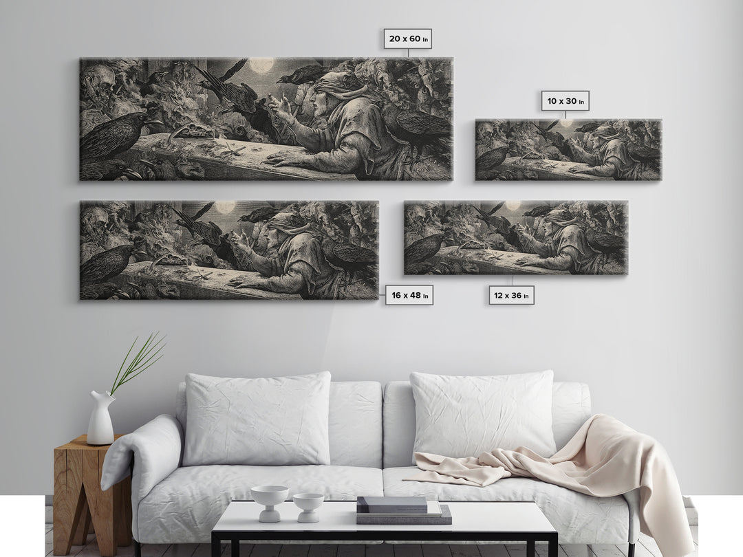 The Raven Funeral, Renaissance Engraving Art, Extra Wide Wall Art, Dark Fantasy Wall Art, Framed Canvas Print, Halloween Wall Art