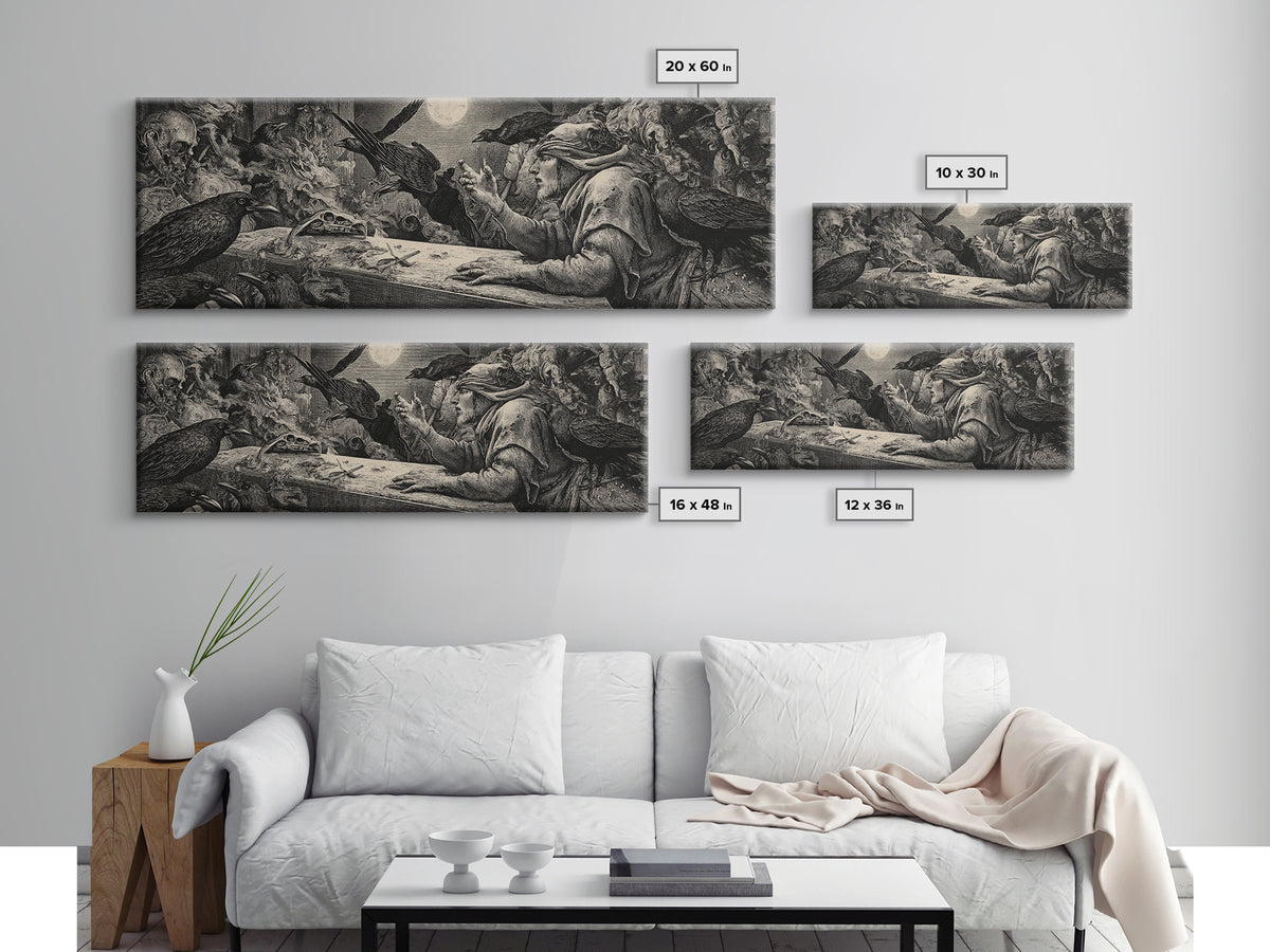 The Raven Funeral, Renaissance Engraving Art, Extra Wide Wall Art, Dark Fantasy Wall Art, Framed Canvas Print, Halloween Wall Art
