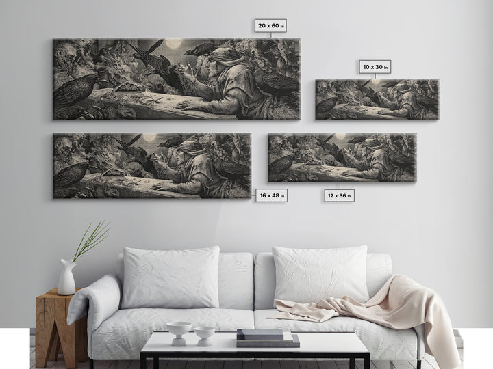 The Raven Funeral, Renaissance Engraving Art, Extra Wide Wall Art, Dark Fantasy Wall Art, Framed Canvas Print, Halloween Wall Art