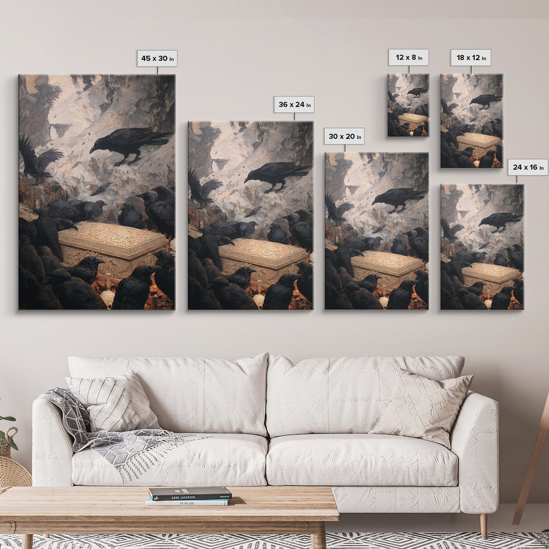 The Raven Funeral, Baroque Witchcraft Art, Vertical Wall Art, Macabre Wall Art, Framed Canvas Print, Halloween Wall Art