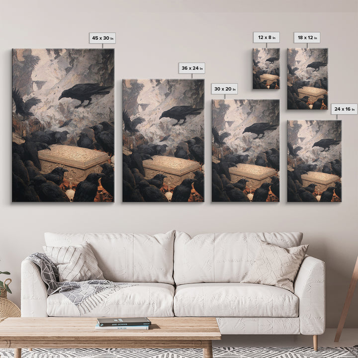 The Raven Funeral, Baroque Witchcraft Art, Vertical Wall Art, Macabre Wall Art, Framed Canvas Print, Halloween Wall Art